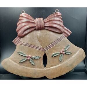 Copper colored wood glitter bells w red painted bows, holly & berries 13"x11"